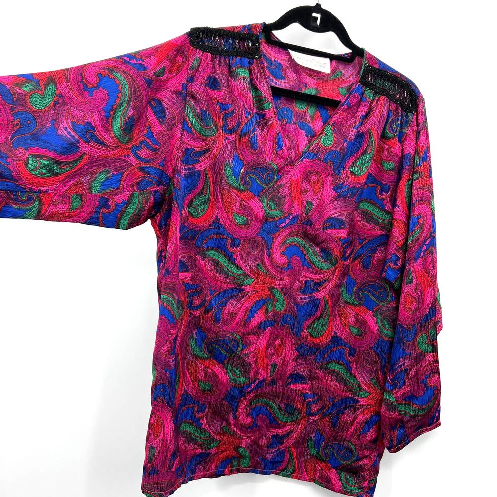 Oscar De La Renta Swirl VTG 70-80s Silk Pink Paisley Beaded Tunic Top Size P XS - Picture 8 of 10